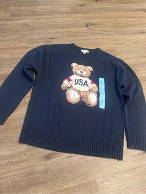 Mighty Fine Navy Crewneck Sweater with Teddy Bear USA Motif